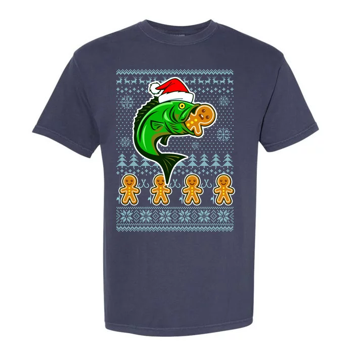 Bass Fish Eating Gingerbread Man Ugly Christmas Fishing Garment-Dyed Heavyweight T-Shirt