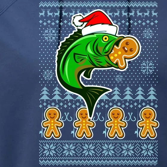 Bass Fish Eating Gingerbread Man Ugly Christmas Fishing Performance Fleece Hoodie