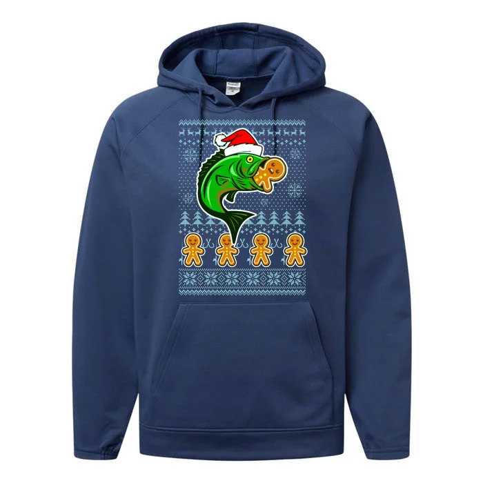 Bass Fish Eating Gingerbread Man Ugly Christmas Fishing Performance Fleece Hoodie