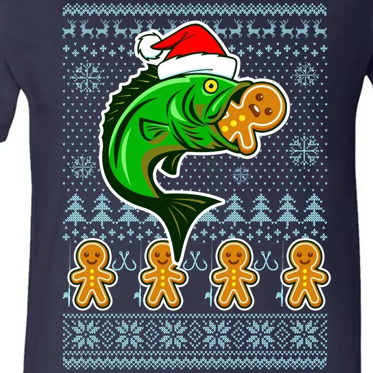 Bass Fish Eating Gingerbread Man Ugly Christmas Fishing V-Neck T-Shirt