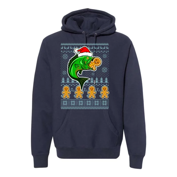 Bass Fish Eating Gingerbread Man Ugly Christmas Fishing Premium Hoodie