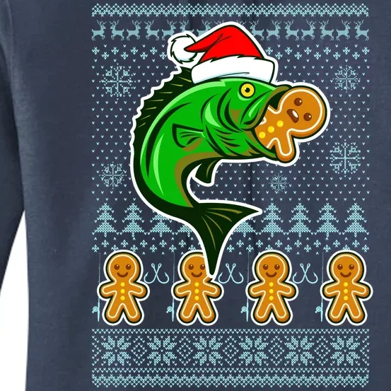 Bass Fish Eating Gingerbread Man Ugly Christmas Fishing Women's Pullover Hoodie