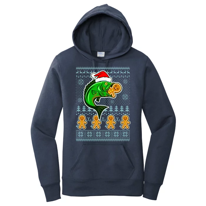 Bass Fish Eating Gingerbread Man Ugly Christmas Fishing Women's Pullover Hoodie