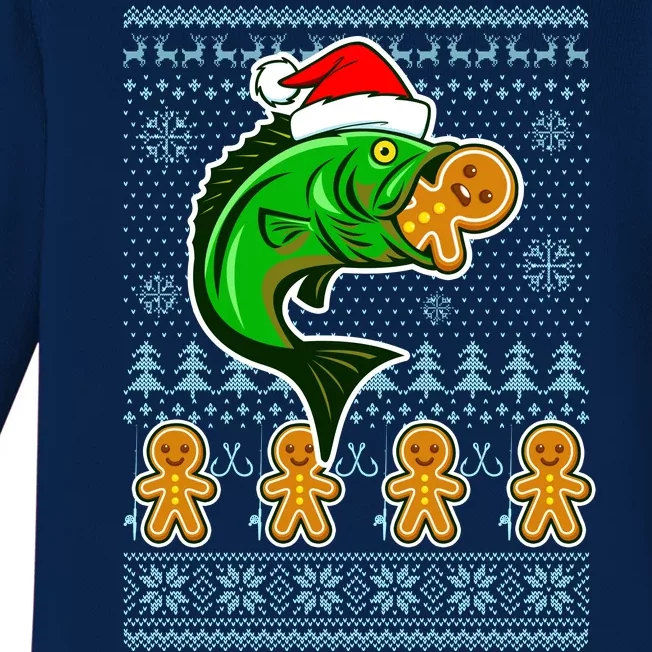 Bass Fish Eating Gingerbread Man Ugly Christmas Fishing Baby Long Sleeve Bodysuit