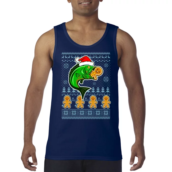 Bass Fish Eating Gingerbread Man Ugly Christmas Fishing Tank Top