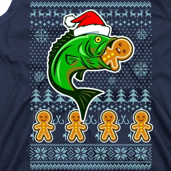 Bass Fish Eating Gingerbread Man Ugly Christmas Fishing Tank Top