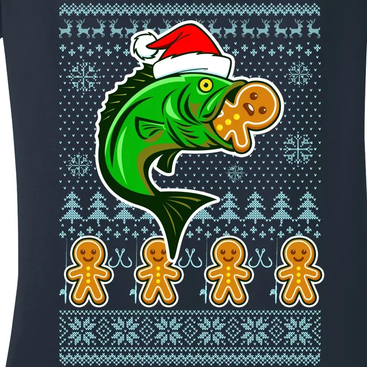 Bass Fish Eating Gingerbread Man Ugly Christmas Fishing Women's V-Neck T-Shirt