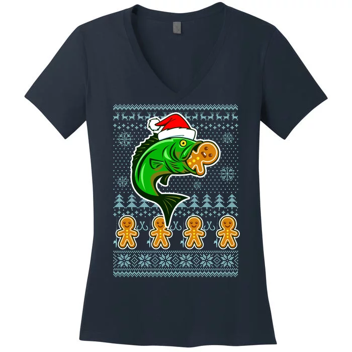 Bass Fish Eating Gingerbread Man Ugly Christmas Fishing Women's V-Neck T-Shirt