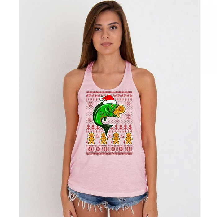 Bass Fish Eating Gingerbread Man Ugly Christmas Fishing Women's Knotted Racerback Tank