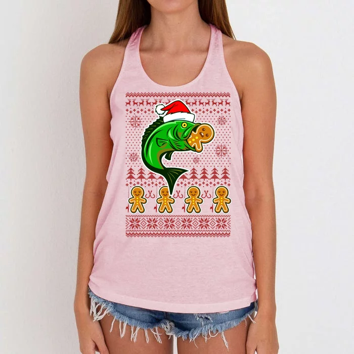 Bass Fish Eating Gingerbread Man Ugly Christmas Fishing Women's Knotted Racerback Tank