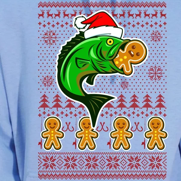 Bass Fish Eating Gingerbread Man Ugly Christmas Fishing Unisex Surf Hoodie