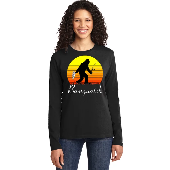 Bassquatch Bigfoot Fishing Ladies Long Sleeve Shirt