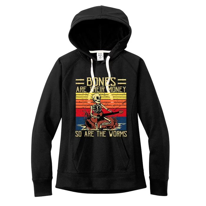 Bones Are Their Money Skeleton Playing Guitar Retro Vintage Women's Fleece Hoodie