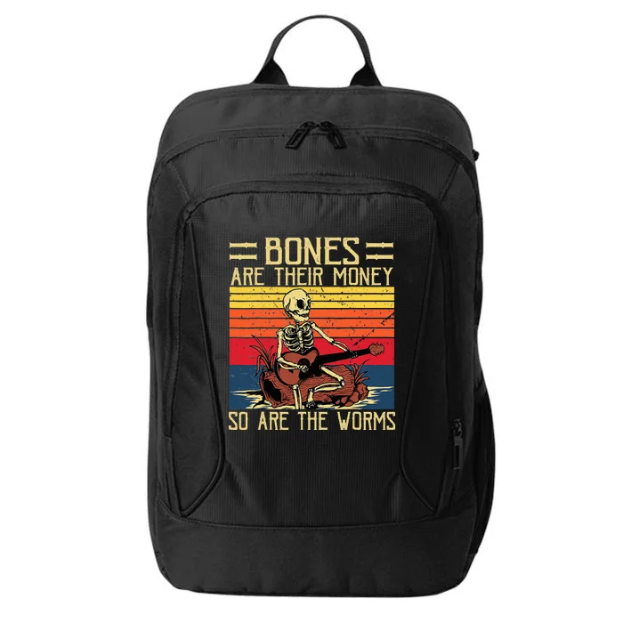 Bones Are Their Money Skeleton Playing Guitar Retro Vintage City Backpack