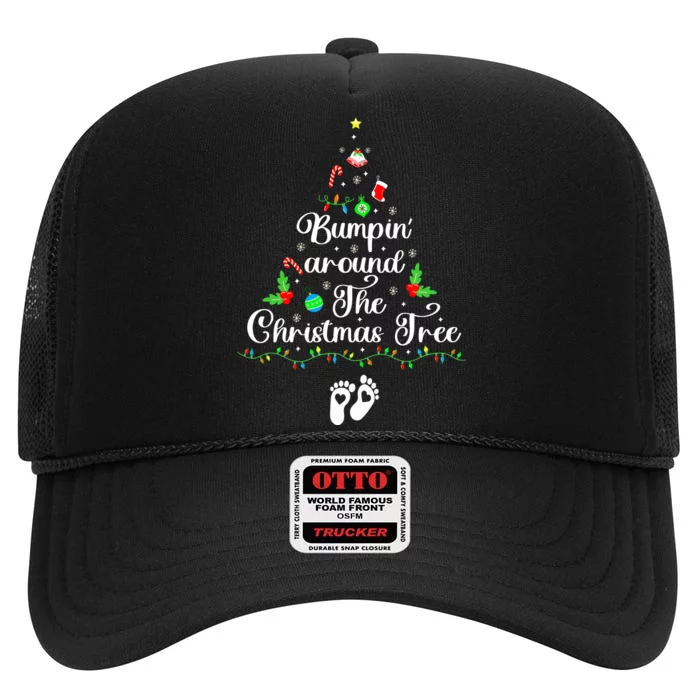 Bumpin Around The Christmas Tree Parentstobe Adult Humor Pregnancy Reveal High Crown Mesh Trucker Hat