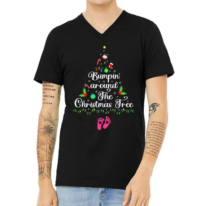 Bumpin Around The Christmas Tree Adult Humor Pregnancy Reveal Parentstobe V-Neck T-Shirt