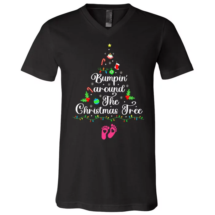 Bumpin Around The Christmas Tree Adult Humor Pregnancy Reveal Parentstobe V-Neck T-Shirt