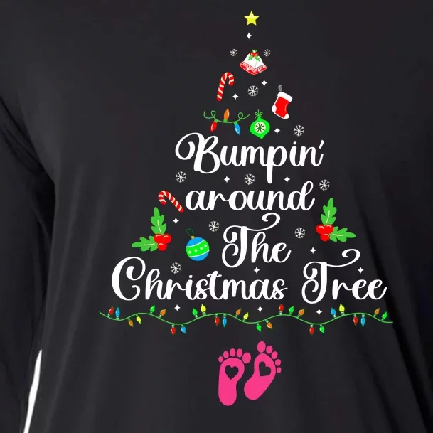 Bumpin Around The Christmas Tree Adult Humor Pregnancy Reveal Parentstobe Cooling Performance Long Sleeve Crew