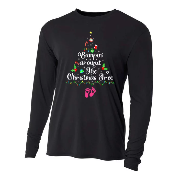 Bumpin Around The Christmas Tree Adult Humor Pregnancy Reveal Parentstobe Cooling Performance Long Sleeve Crew