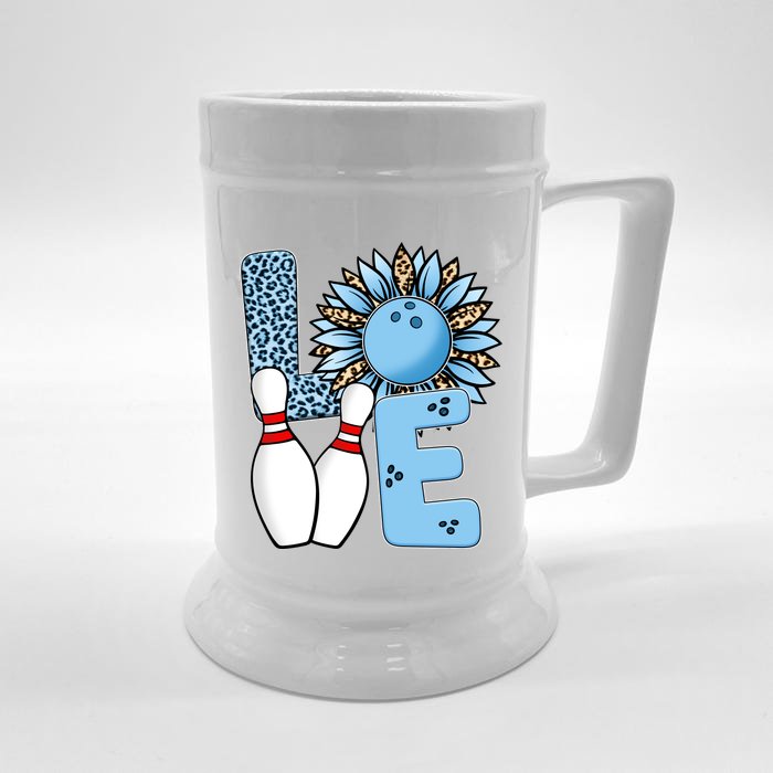 Bowling Alley T Shirts, Love Bowling Ally Leopard Sunflower Sports Ball Front & Back Beer Stein