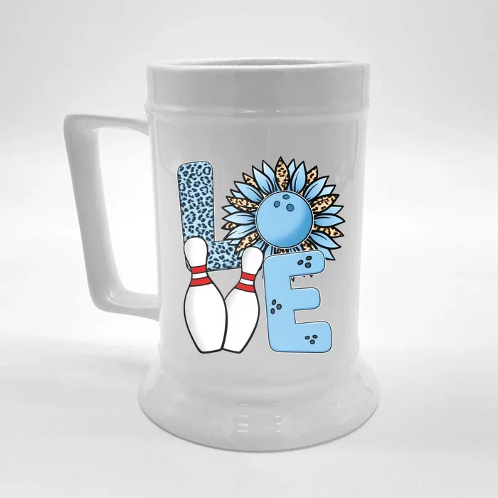 Bowling Alley T Shirts, Love Bowling Ally Leopard Sunflower Sports Ball Front & Back Beer Stein