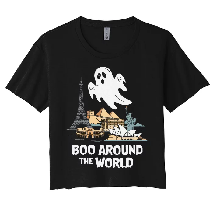 Boo Around The World Halloween Travel Enthusiast Design Women's Crop Top Tee