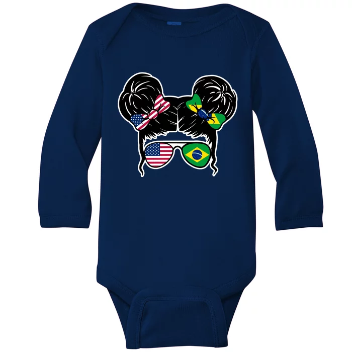 Brazil And United States Flag Messy Bun Baby Long Sleeve Bodysuit