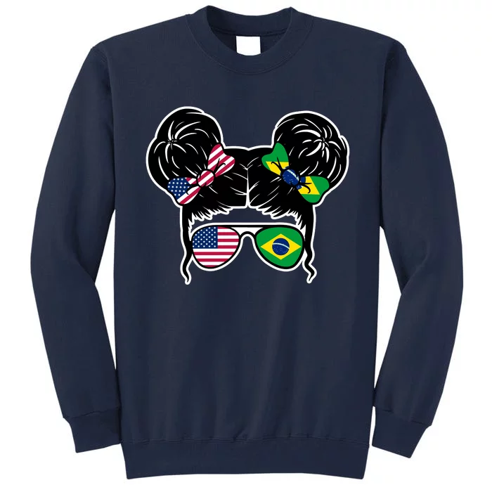 Brazil And United States Flag Messy Bun Tall Sweatshirt