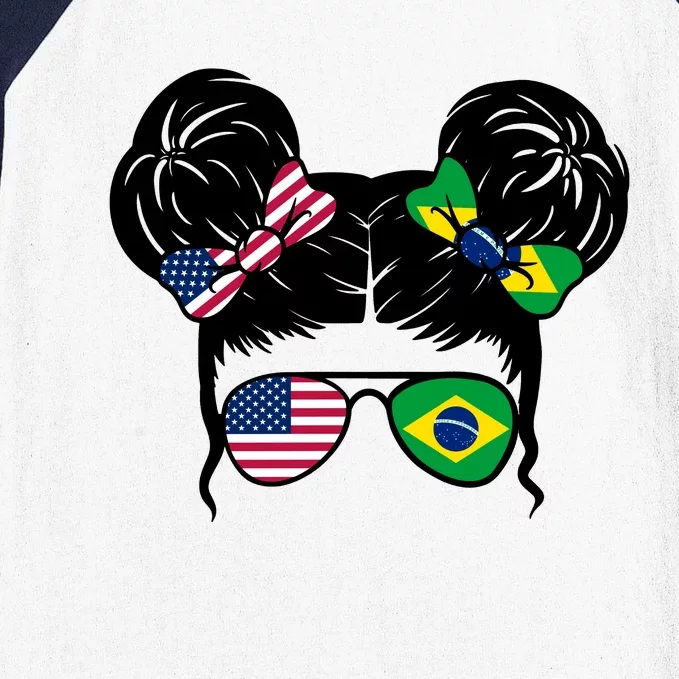 Brazil And United States Flag Messy Bun Baseball Sleeve Shirt