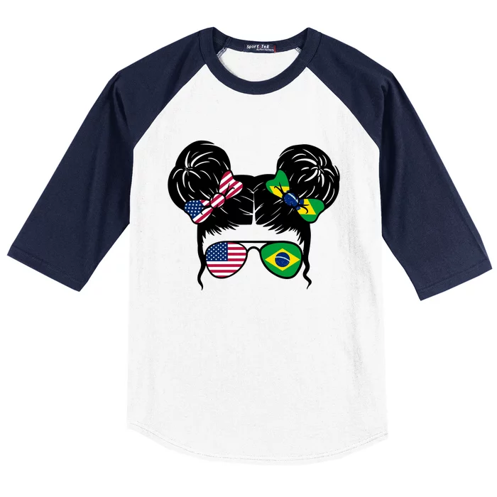 Brazil And United States Flag Messy Bun Baseball Sleeve Shirt