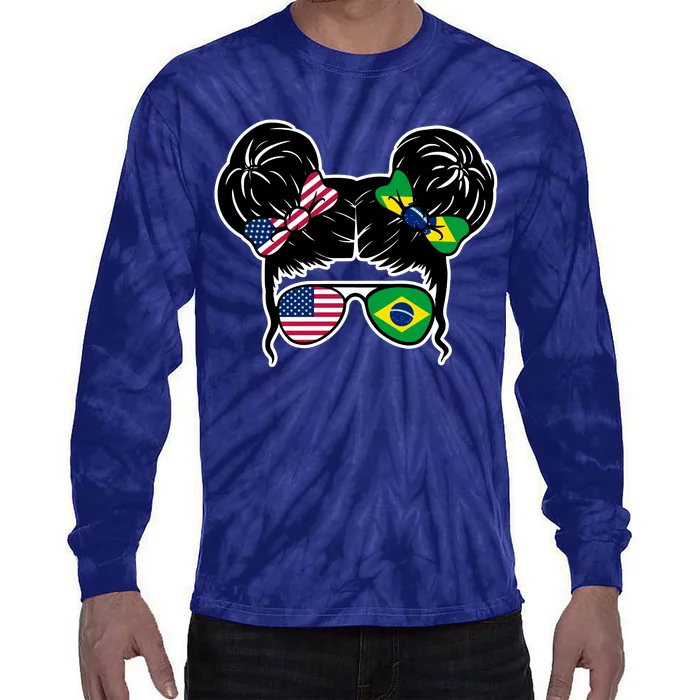 Brazil And United States Flag Messy Bun Tie-Dye Long Sleeve Shirt