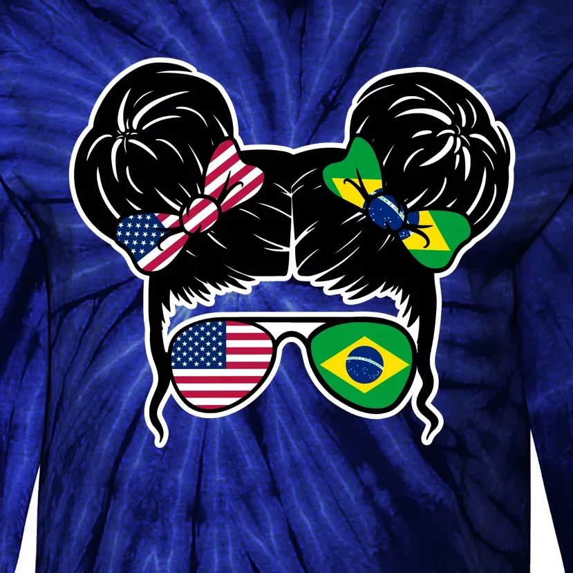 Brazil And United States Flag Messy Bun Tie-Dye Long Sleeve Shirt