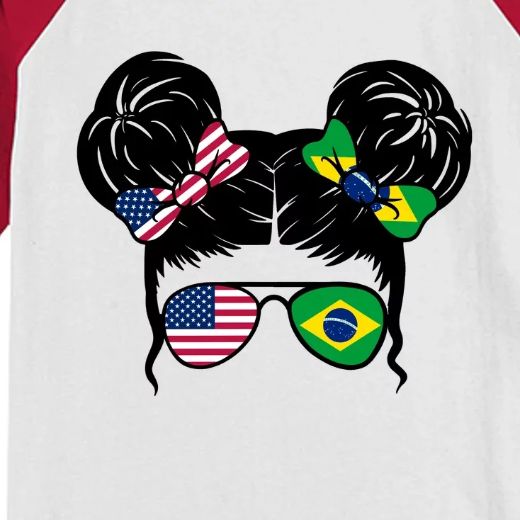 Brazil And United States Flag Messy Bun Kids Colorblock Raglan Jersey