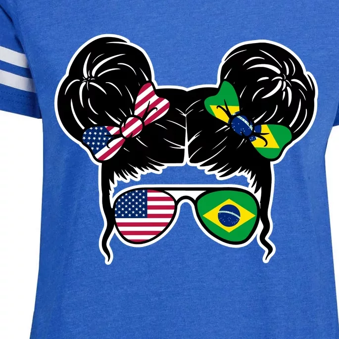 Brazil And United States Flag Messy Bun Enza Ladies Jersey Football T-Shirt