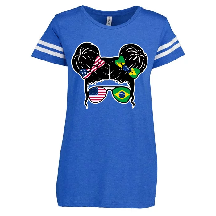 Brazil And United States Flag Messy Bun Enza Ladies Jersey Football T-Shirt