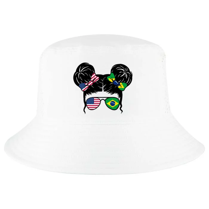 Brazil And United States Flag Messy Bun Cool Comfort Performance Bucket Hat