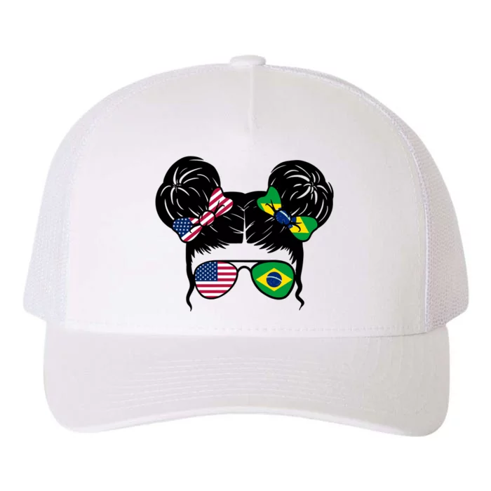 Brazil And United States Flag Messy Bun Yupoong Adult 5-Panel Trucker Hat