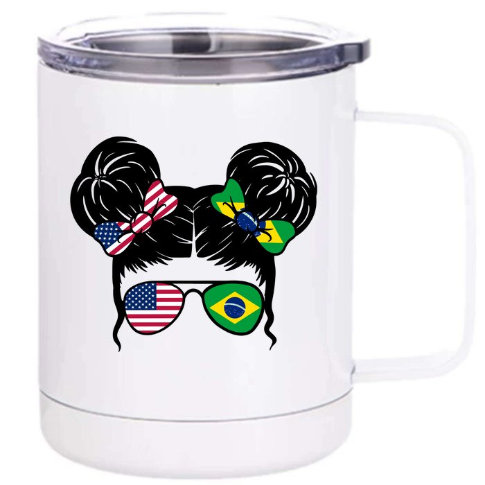 Brazil And United States Flag Messy Bun Front & Back 12oz Stainless Steel Tumbler Cup