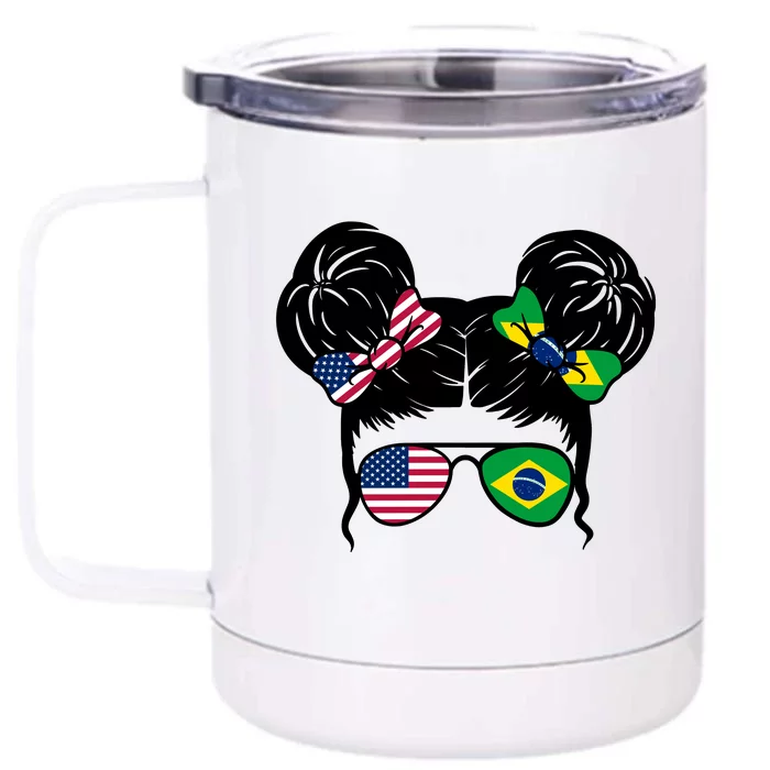 Brazil And United States Flag Messy Bun Front & Back 12oz Stainless Steel Tumbler Cup