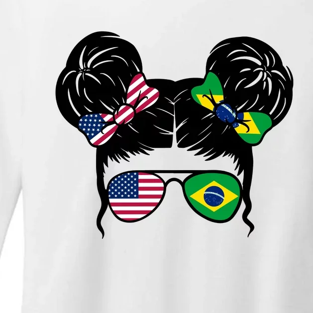 Brazil And United States Flag Messy Bun Womens CVC Long Sleeve Shirt