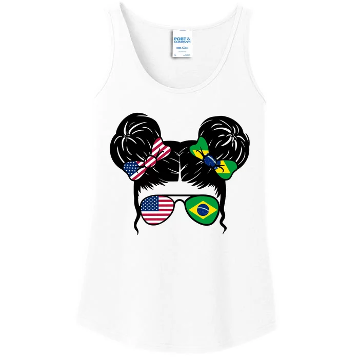 Brazil And United States Flag Messy Bun Ladies Essential Tank