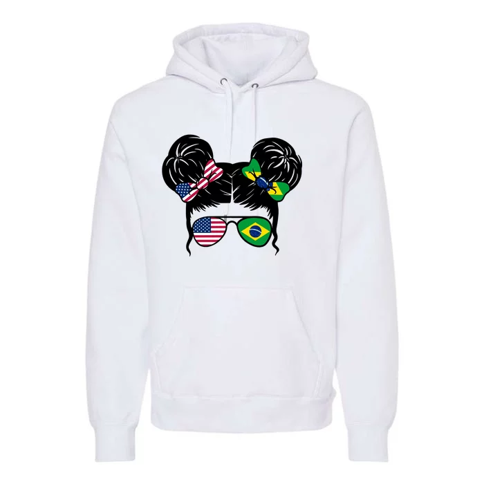 Brazil And United States Flag Messy Bun Premium Hoodie