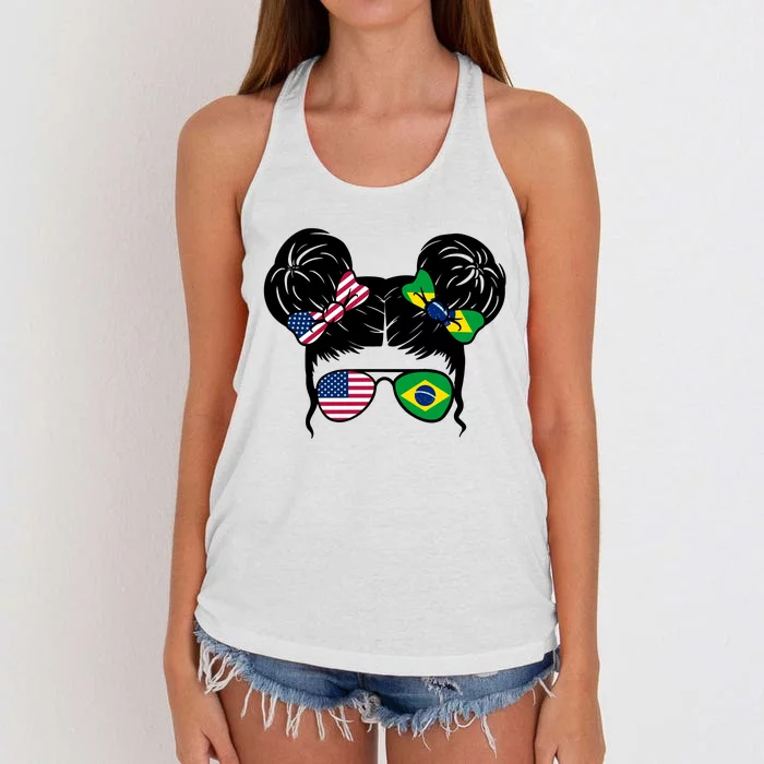 Brazil And United States Flag Messy Bun Women's Knotted Racerback Tank