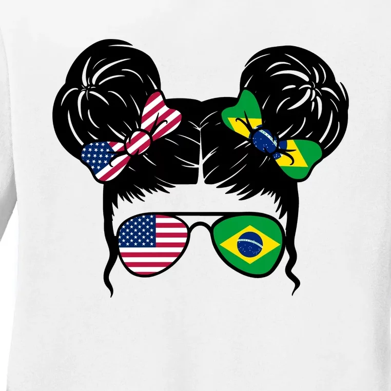 Brazil And United States Flag Messy Bun Ladies Long Sleeve Shirt