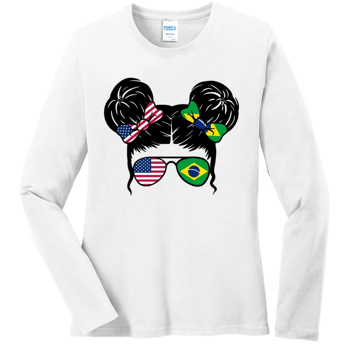 Brazil And United States Flag Messy Bun Ladies Long Sleeve Shirt