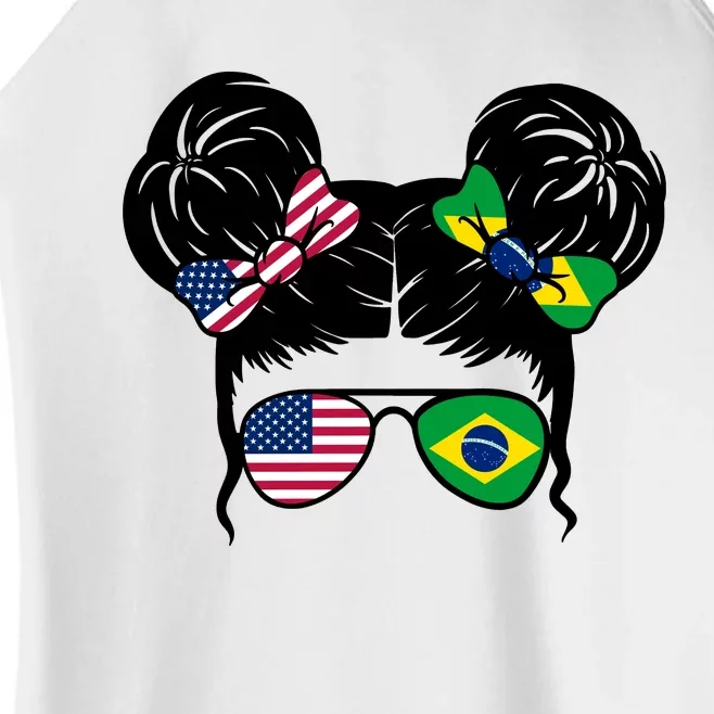 Brazil And United States Flag Messy Bun Women’s Perfect Tri Rocker Tank