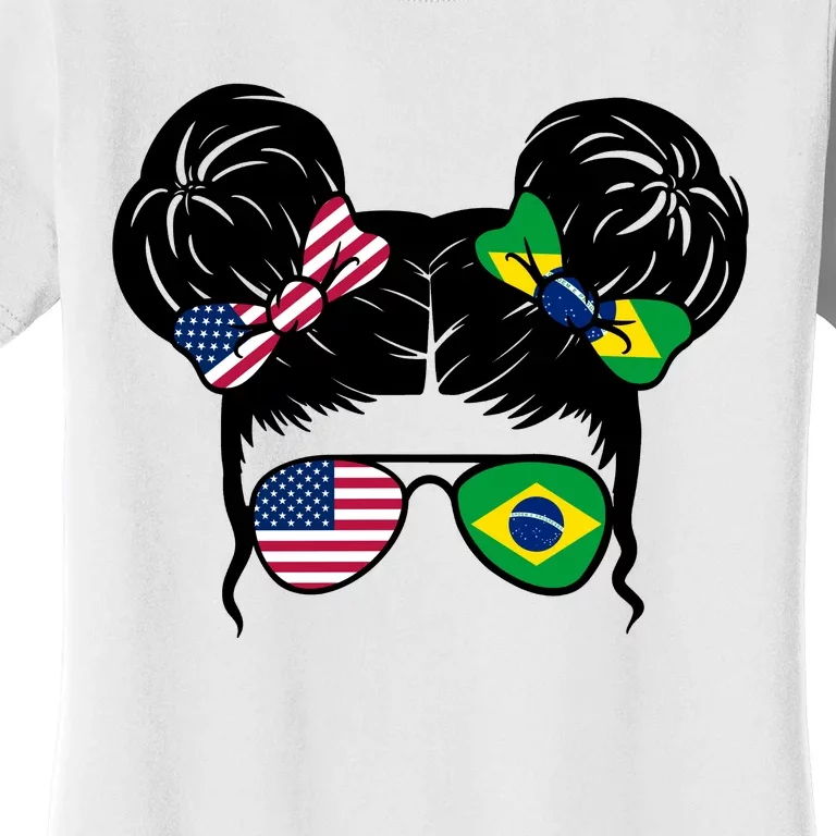 Brazil And United States Flag Messy Bun Women's T-Shirt