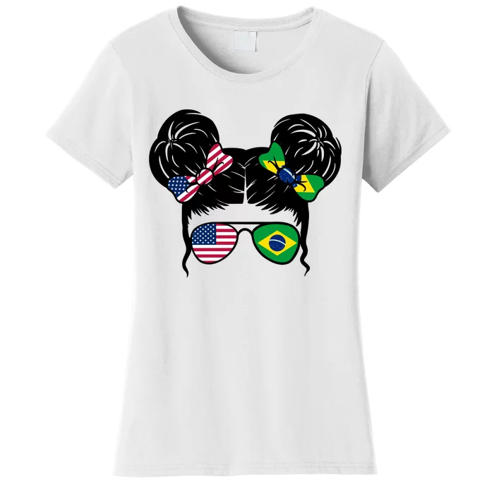 Brazil And United States Flag Messy Bun Women's T-Shirt