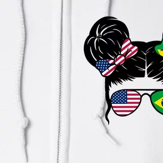 Brazil And United States Flag Messy Bun Full Zip Hoodie