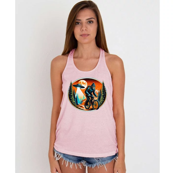 Bigfoot Alien Ufo Bicycle Ride Sasquatch On Bicycle Women's Knotted Racerback Tank